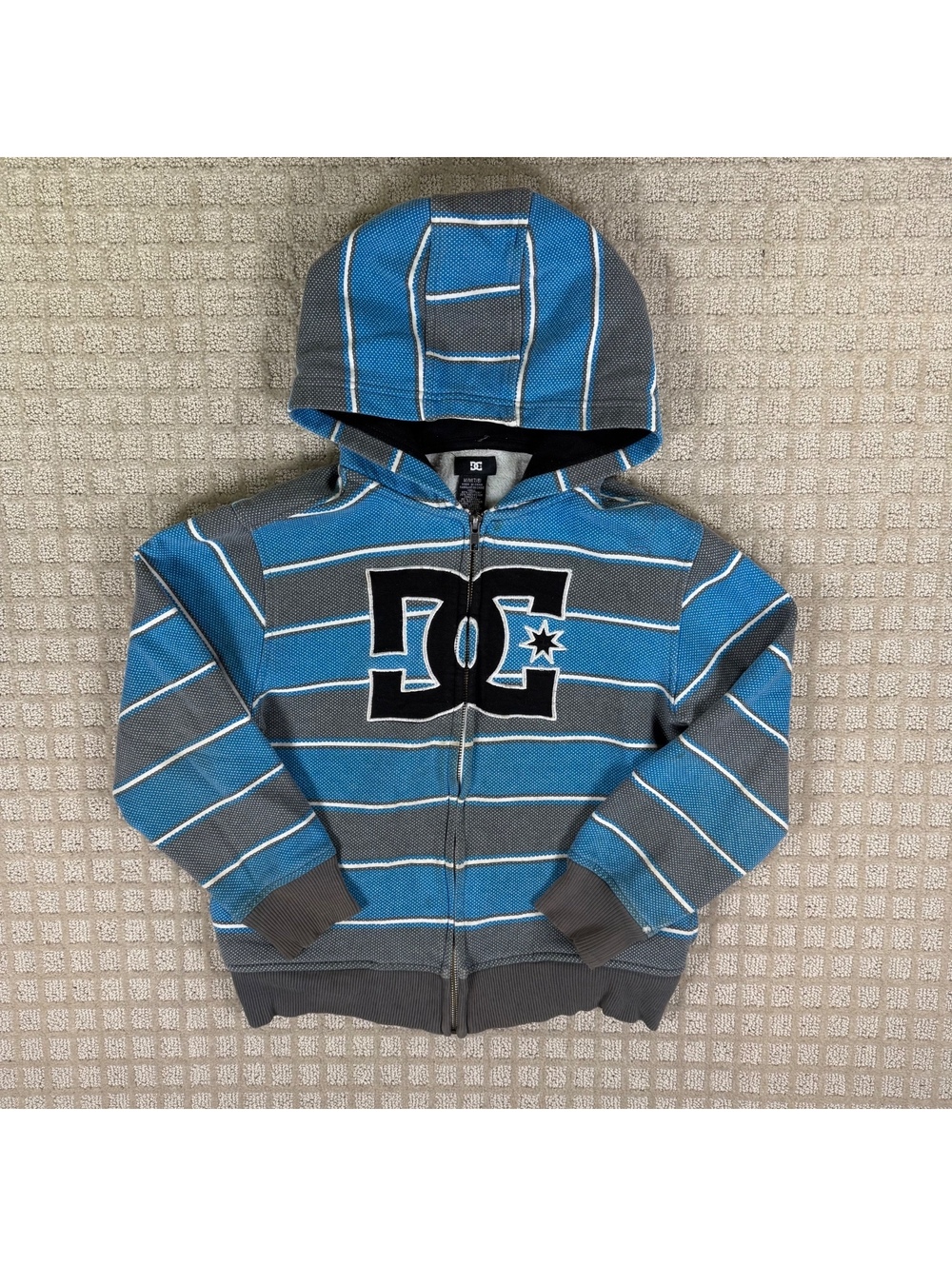 DC Blue Grey Striped Zip Hoodie Kids M 7/8